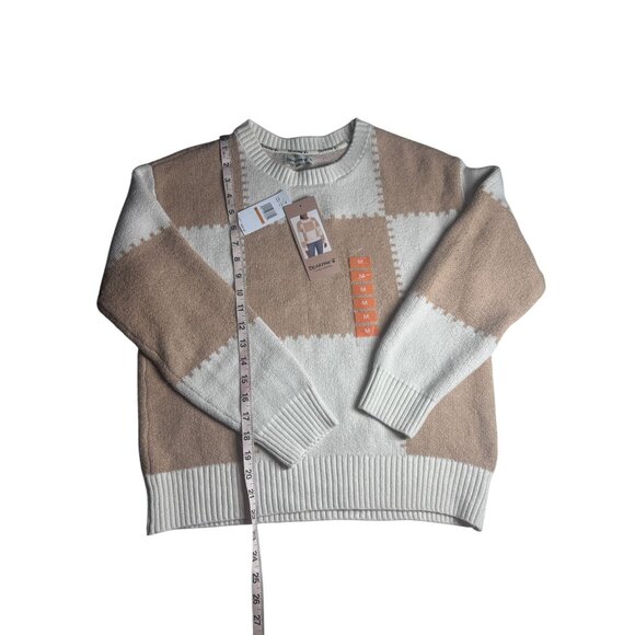 Bearpaw Checkered Crew Neck Sweater Women's Medium Tan & White NEW - Picture 3 of 9